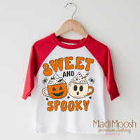 Sweet And Spooky design on a raglan shirt with red sleeves.