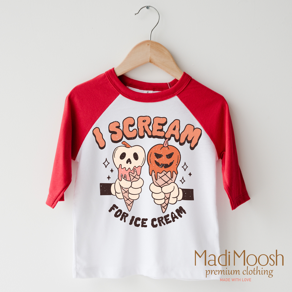 I Scream For Ice Cream design on a raglan shirt with red sleeves.