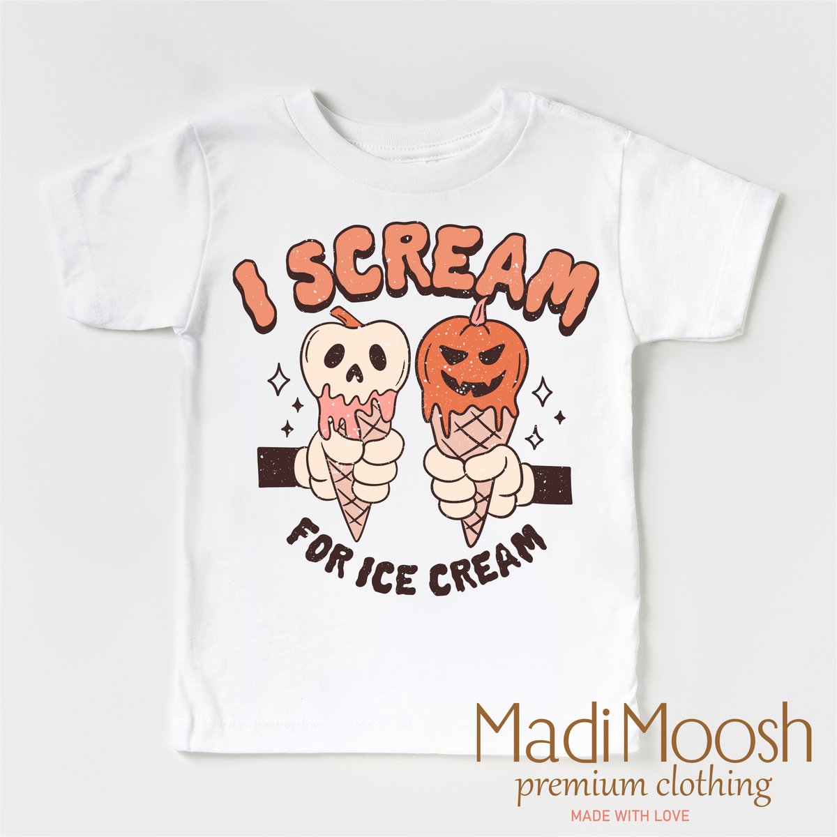 I Scream For Ice Cream design on a white short sleeve T-shirt.