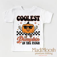 Coolest Pumpkin In The Patch design on a white short sleeve T-shirt.