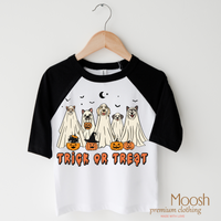 Trick Or Treat Dog Ghost design on a raglan shirt with black sleeves.