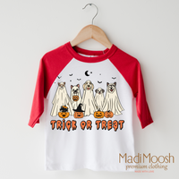 Trick Or Treat Dog Ghost design on a raglan shirt with red sleeves.