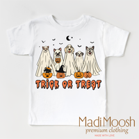 Trick Or Treat Dog Ghost design on a white short sleeve T-shirt.