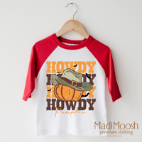 Howdy Pumpkin design on a raglan shirt with red sleeves.