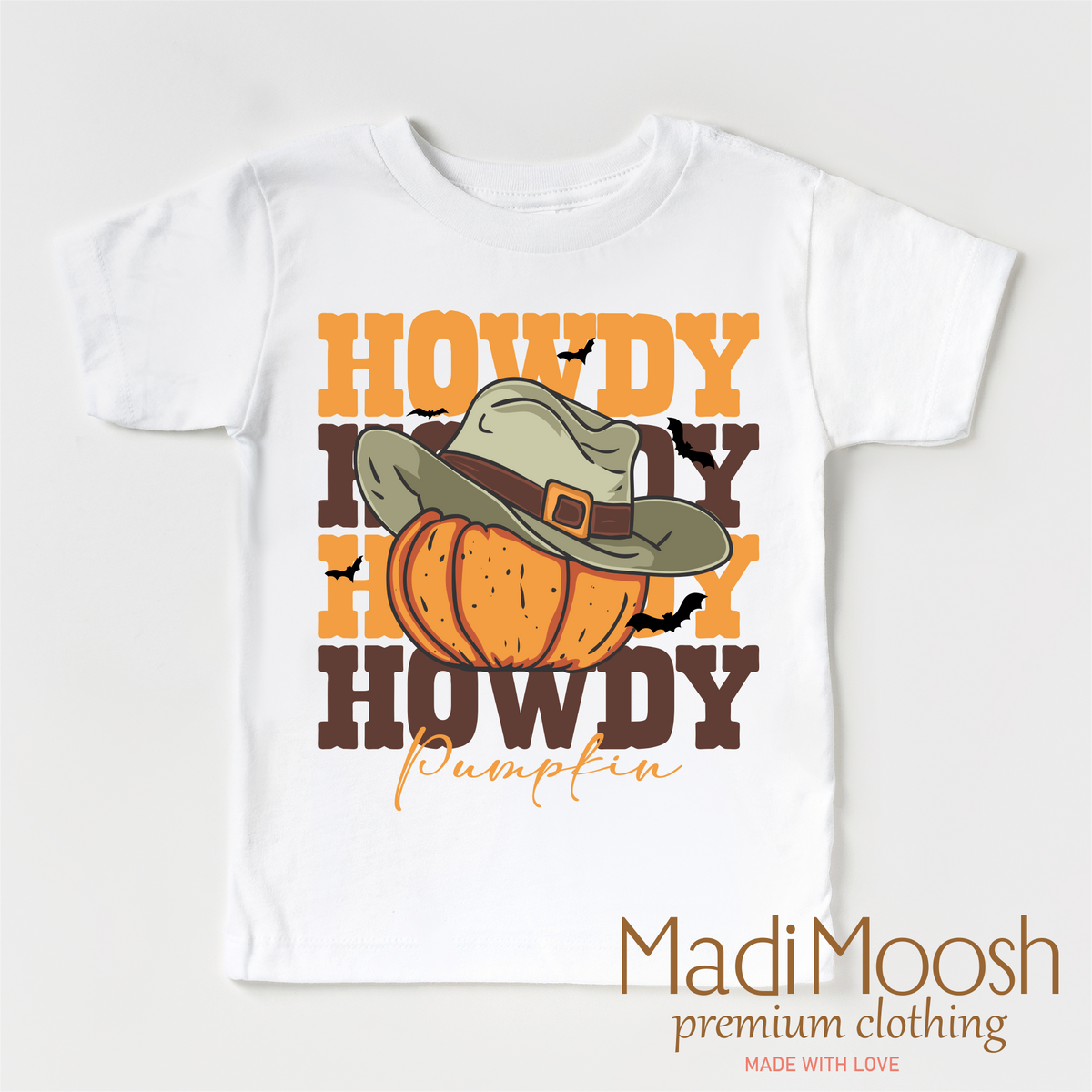 Howdy Pumpkin design on a white short sleeve T-shirt.