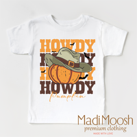 Howdy Pumpkin design on a white short sleeve T-shirt.