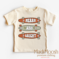 Merry And Bright Skater Christmas design on a natural kids T-shirt.