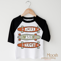 Merry And Bright Skater Christmas design on a raglan shirt with black sleeves.