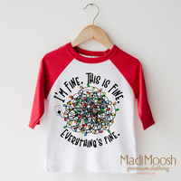 I'm Fine design on a raglan shirt with red sleeves.