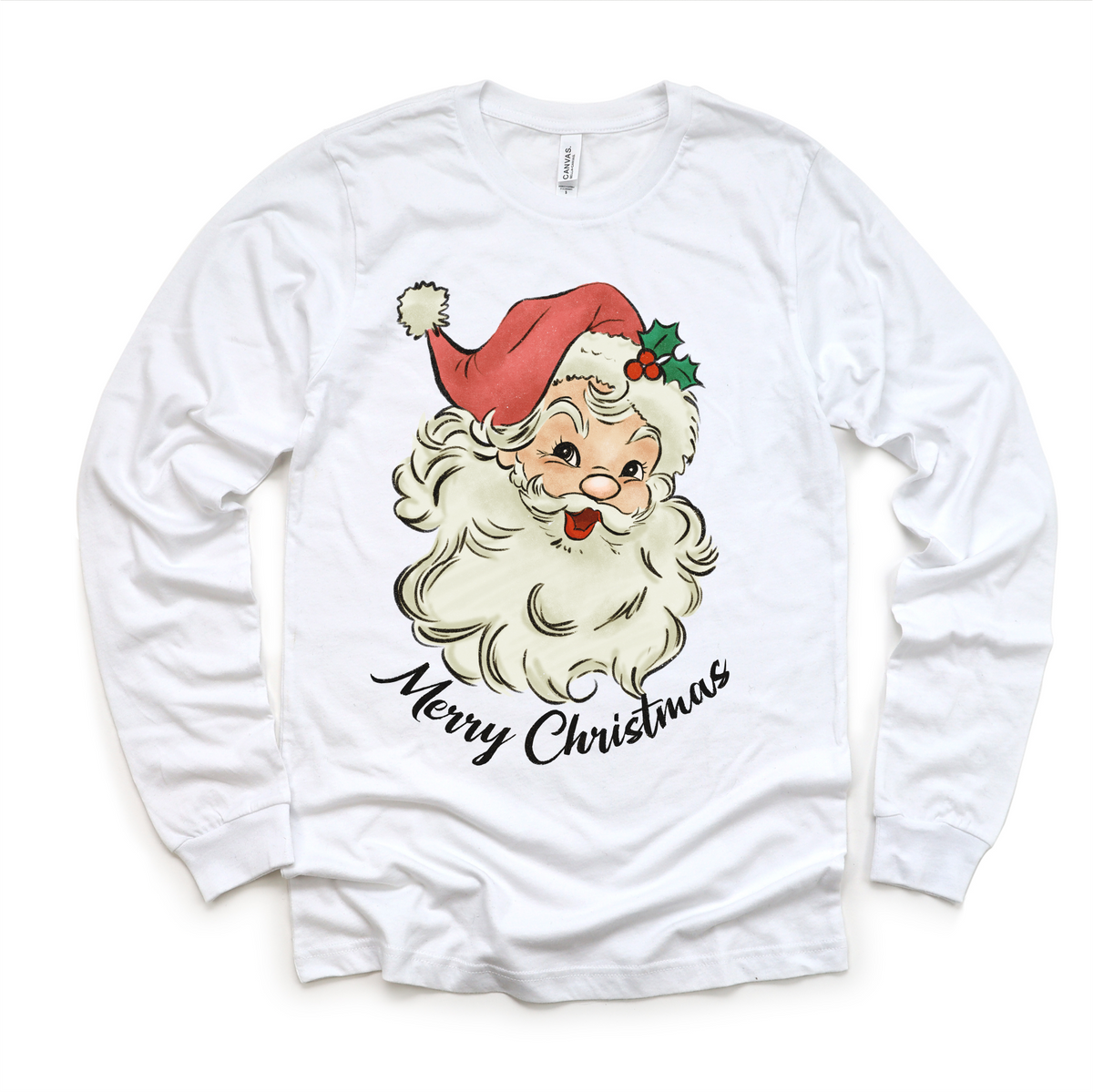 Retro Merry Christmas Santa design on a long sleeve shirt.