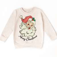 Retro Merry Christmas Santa design on a natural sweatshirt.