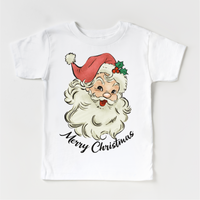 Retro Merry Christmas Santa design on a white garment.