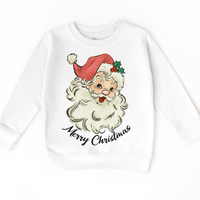 Retro Merry Christmas Santa design on a white sweatshirt.