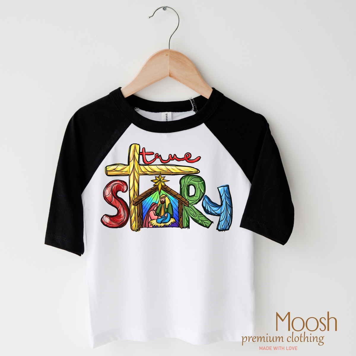 True Story Christian design on a raglan shirt with black sleeves.