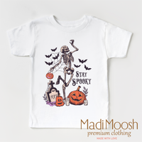 Stay Spooky design on a white short sleeve T-shirt.