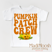 Pumpkin Patch Crew design on a white short sleeve T-shirt.