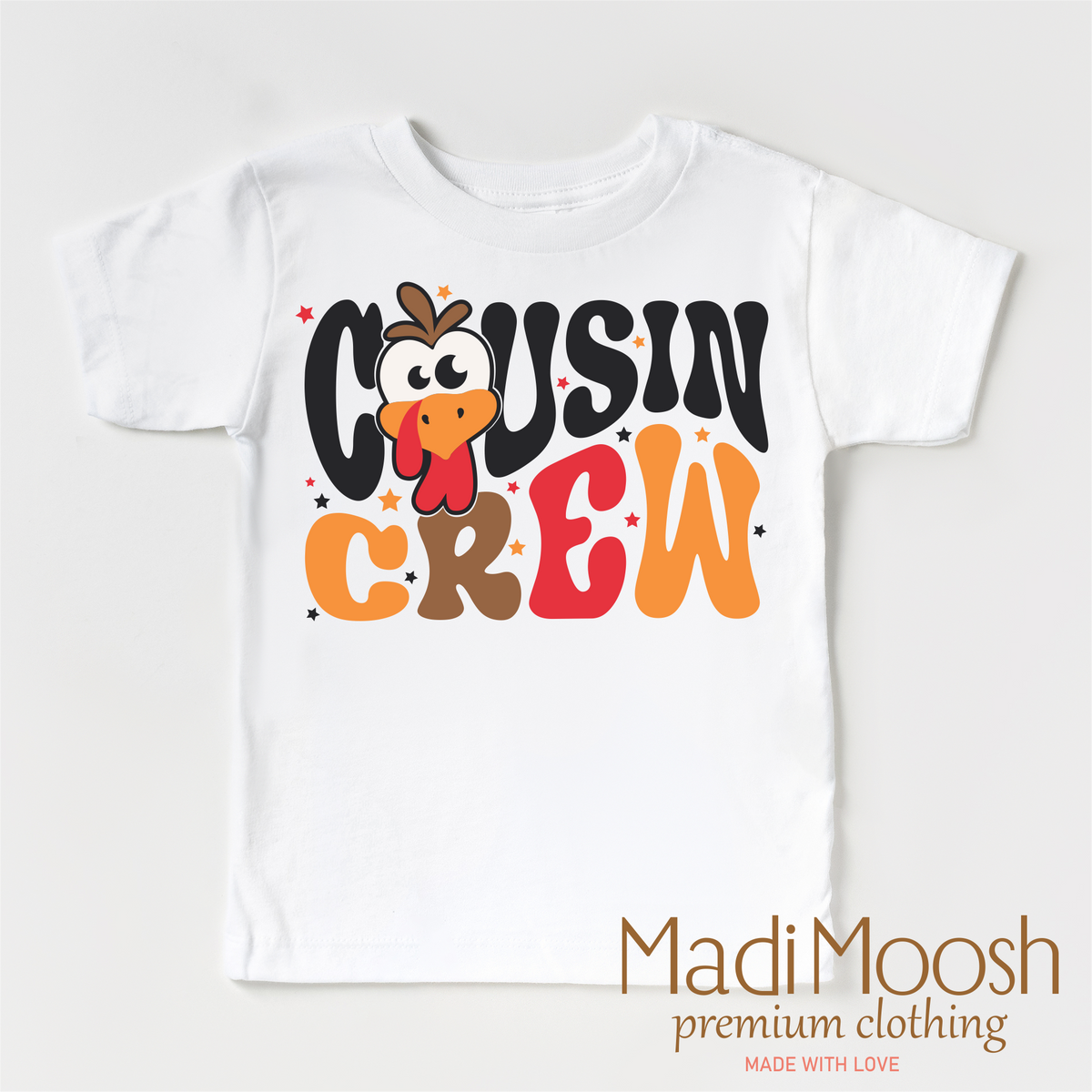 Cousin Crew design on a white short sleeve T-shirt.