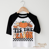 Tis The Season Pumpkin design on a raglan shirt with black sleeves.