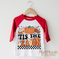 Tis The Season Pumpkin design on a raglan shirt with red sleeves.