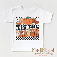 Tis The Season Pumpkin design on a white short sleeve T-shirt.