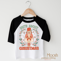 Nuts About Christmas design on a raglan shirt with black sleeves.
