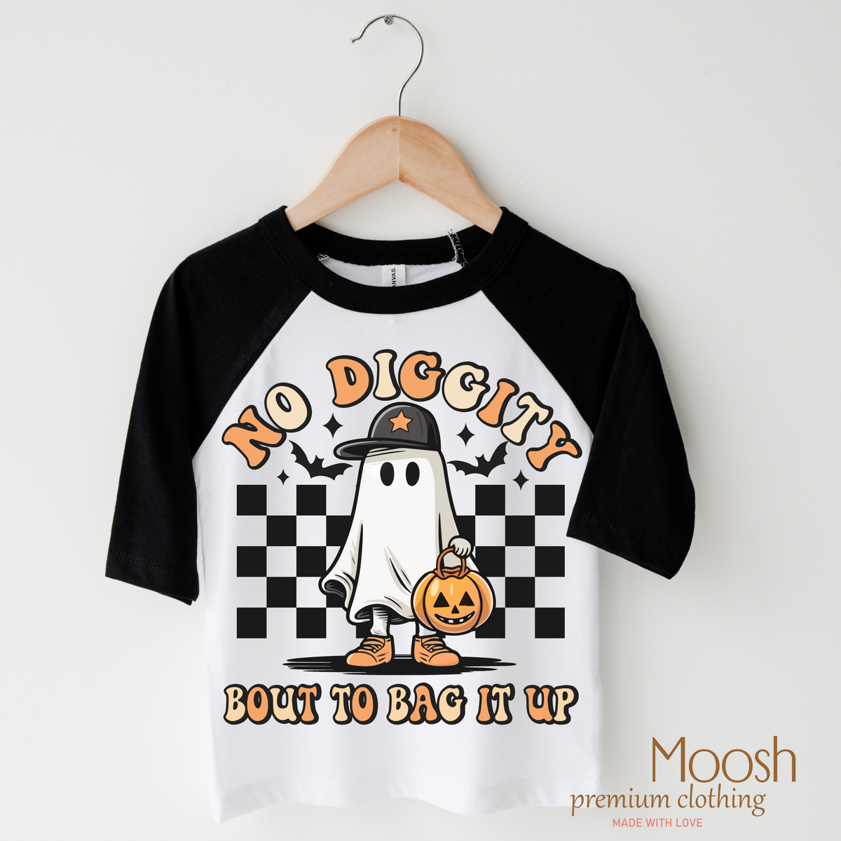 No Diggity Bout To Bag It Up design on a raglan shirt with black sleeves.