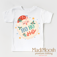 Ho Ho Ho Santa design on a white short sleeve T-shirt.