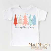 Merry Christmas Trees design on a white short sleeve T-shirt.