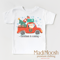 Christmas Is Coming design on a white short sleeve T-shirt.