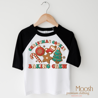Christmas Baking Crew design on a raglan shirt with black sleeves.