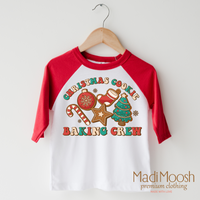 Christmas Baking Crew design on a raglan shirt with red sleeves.