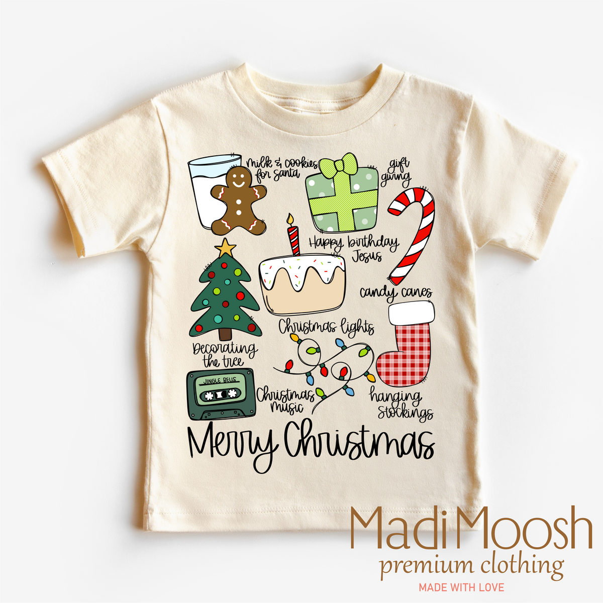 Merry Christmas design on a natural kids T-shirt.
