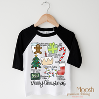 Merry Christmas design on a raglan shirt with black sleeves.