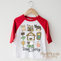 True Story Christmas design on a raglan shirt with red sleeves.