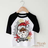 Black Santa Merry Christmas design on a black-accented shirt.