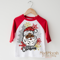 Black Santa Merry Christmas design on a red-accented shirt.