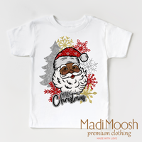 Black Santa Merry Christmas Shirt product design and garment details.