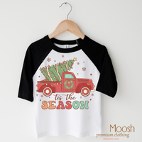 Tis The Season Old Fashioned Christmas design on a black-accented shirt.