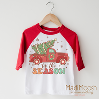 Tis The Season Old Fashioned Christmas design on a red-accented shirt.