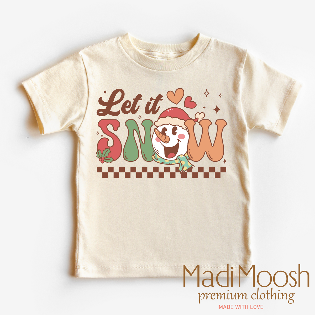 Let It Snow Christmas, Snowman graphic T-shirt by Madi Moosh