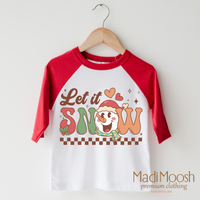 Let It Snow design on a red-accented shirt.