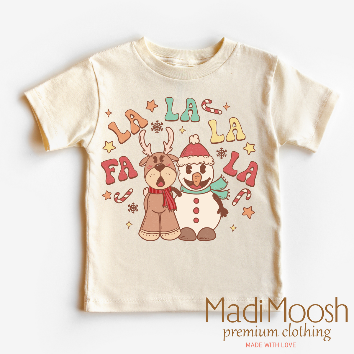 Fa La La La Christmas Shirt – Reindeer & Snowman Tee on natural garment