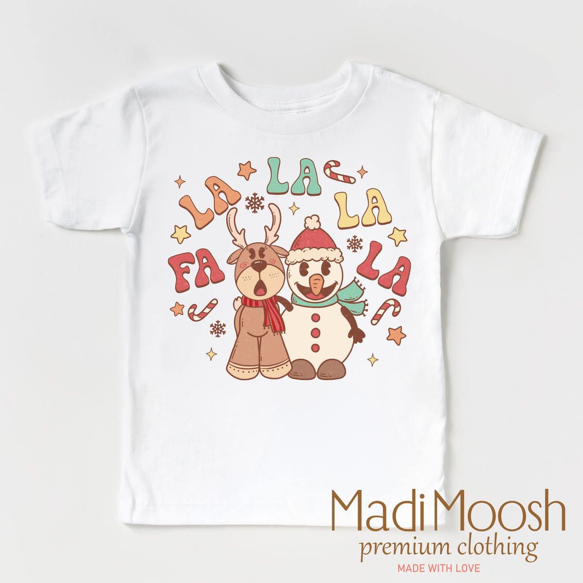 Fa La La La Christmas Shirt – Reindeer & Snowman Tee on white garment