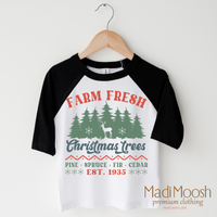 Farm Fresh Christmas Trees design on a black-accented shirt.