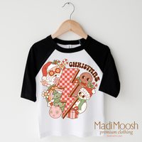 Christmas Characters design on a black-accented shirt.