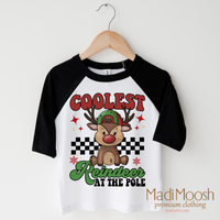 Coolest Reindeer at the Pole design on a black-accented shirt.