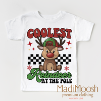 Coolest Reindeer at the Pole design on a white garment.