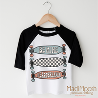 Be Mine Skater Valentine's Day design on a black-accented shirt.