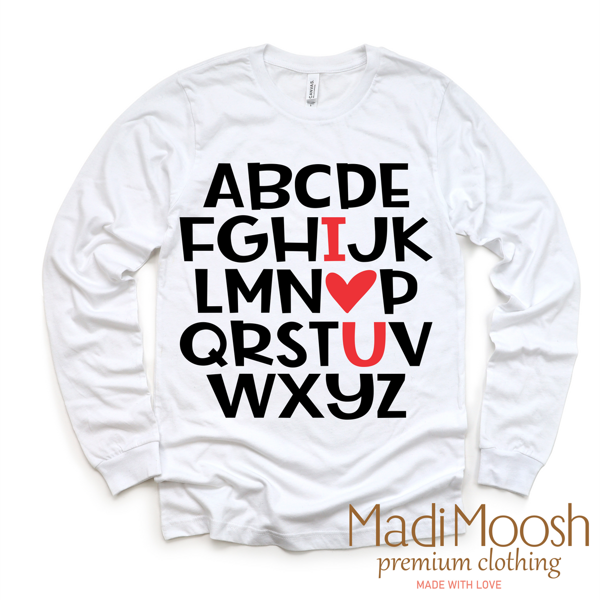 ABC I Love You Valentine's Day design on a long sleeve shirt.
