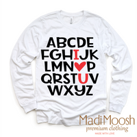 ABC I Love You Valentine's Day design on a long sleeve shirt.